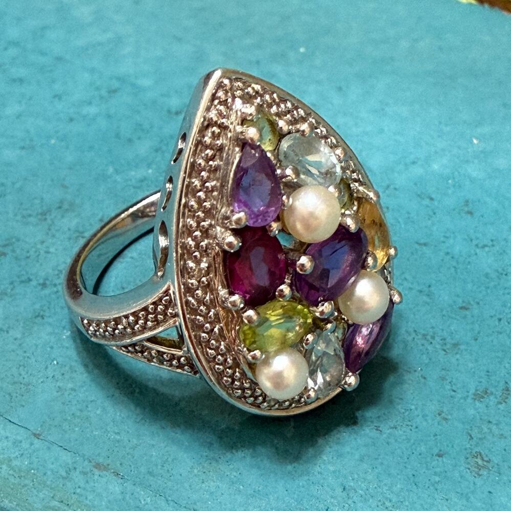 Colorful Multi Gemstone Pearl Teardrop Ring EA 925 Sterling SIlver 7.15 g Size 7